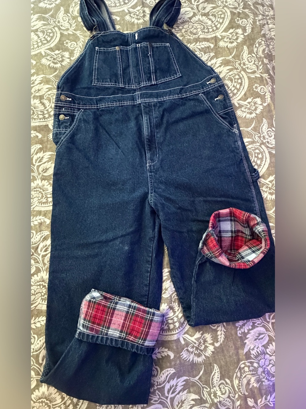 Flannel Lined Dark Denim Bib Overalls - Picture 2 of 7